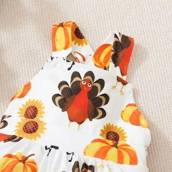 Size 3-6 months, girls Thanksgiving jumpsuit, turkey & pumpkin, baby Fall outfit - Picture 3 of 6